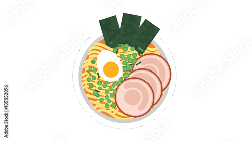 Healthy Asian inspired noodle bowl with vegetables egg and sliced meat on a plate