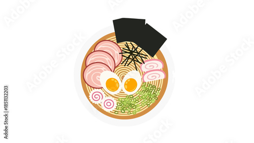 Bowl of assorted Japanese style ramen with eggs and vegetables