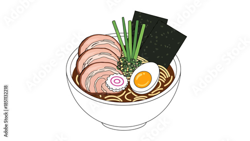 Delicious bowl of traditional Japanese ramen with sliced pork soft boiled egg and fresh toppings