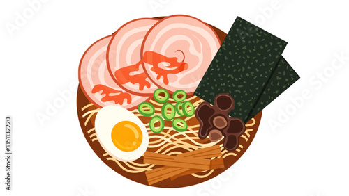 Authentic Asian style ramen bowl with toppings including egg green onions and seaweed