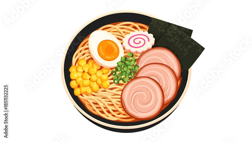 Traditional Japanese ramen bowl with noodles eggs and fresh toppings