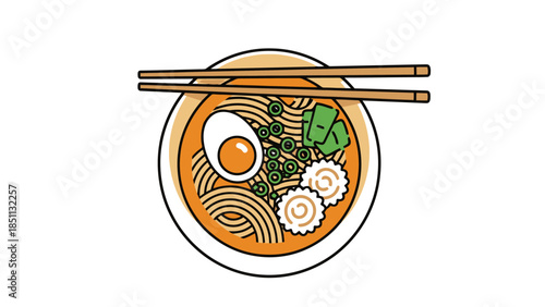Bowl of traditional Asian ramen with sliced pork soft boiled egg and fresh vegetables