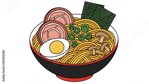 Traditional Asian noodle dish with meat vegetables and eggs served in a bowl