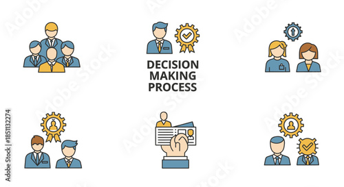 Set of business icons illustrating decision making process, team collaboration, identification, and quality management in a professional environment.