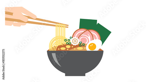 Delicious bowl of Asian inspired noodle soup with vegetables and broth