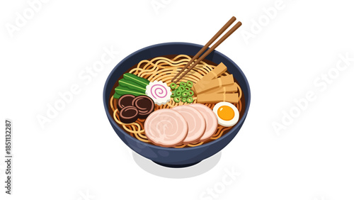 Traditional Japanese Ramen Bowl with Noodles Sliced Pork and Toppings