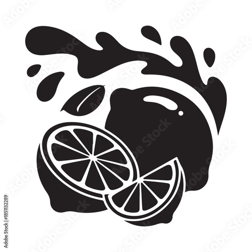 A splash of orange juice with fruit slices in a black and white design