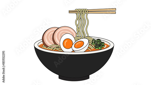 Bowl of steaming ramen with boiled eggs noodles and fresh vegetables