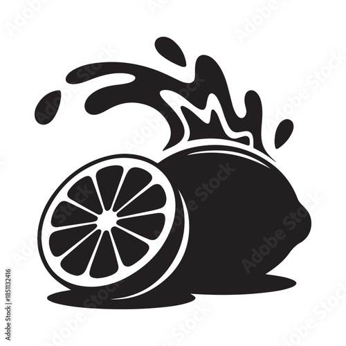 Black and white illustration of a lemon with a splash of juice