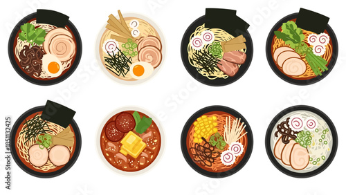 Assorted Traditional Japanese Ramen Bowls with Various Toppings