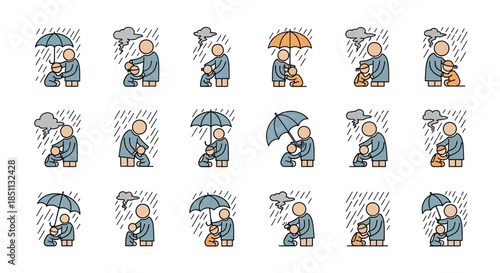 Icons illustrating a person protecting a dog from rain with an umbrella, symbolizing care, friendship, and shelter.