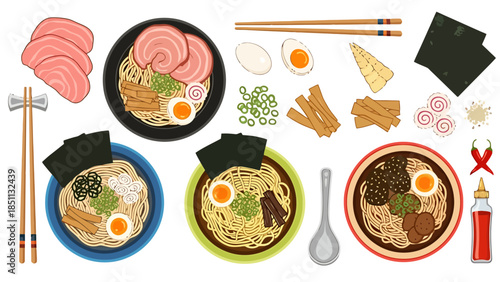 Traditional Japanese Ramen Noodle Soup with Toppings in Bowls