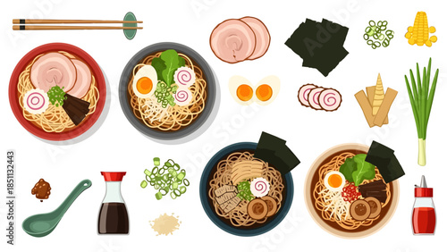 Variety of Asian noodle dishes with toppings and condiments on a white background