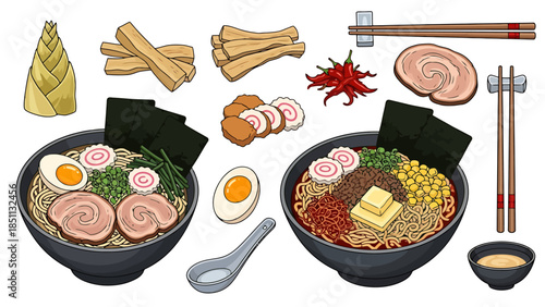 Japanese ramen bowls with toppings for traditional cuisine presentation
