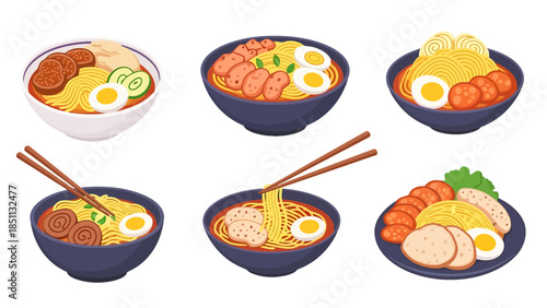 Variety of Japanese Ramen Dishes with Fresh Ingredients and Toppings
