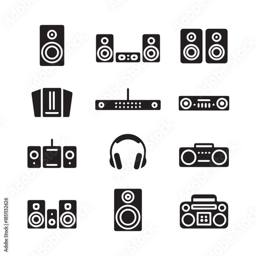 Audio Equipment Icon Set: Speaker, Headphones, Home Theater, and Sound System Vector Glyphs