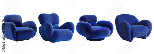 Blue velvet armchairs furniture collection isolated on transparent background