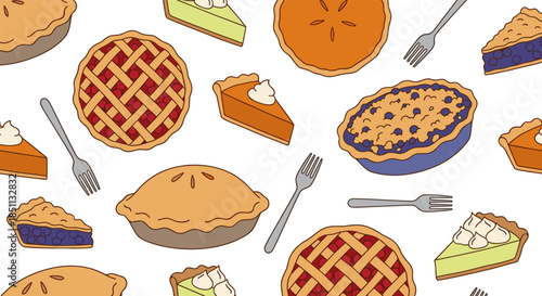 Assortment of sweet pies and forks repeating pattern