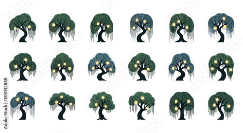 A collection of stylized fantasy trees with glowing yellow orbs and drooping tendrils, arranged in a grid on a white background, showcasing various designs.