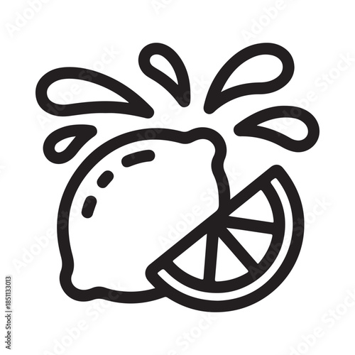 A simple line drawing of a lemon with splashing juice and a slice