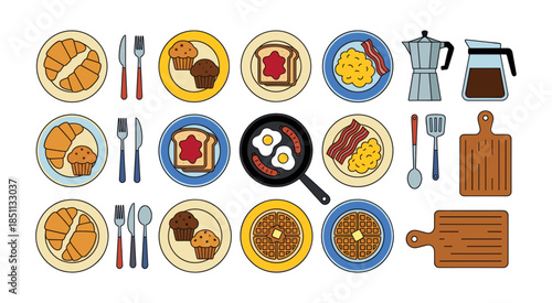 Breakfast food menu with kitchen utensils and appliances