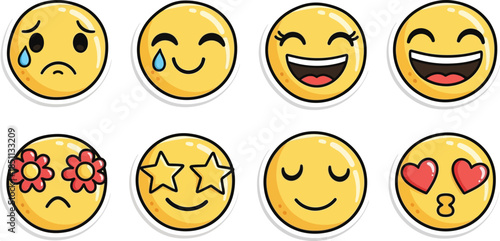 Rating Emoji Icon set. Vector cartoon smiley face collection. Emoticon pack for customer feedback, mood, and emotion. Feedback emoticons collection. Excellent, good, average, poor, bad emoji icons.