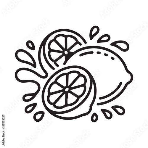 Line art illustration depicting fresh lemons and vibrant citrus splash elements
