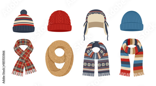 Winter clothing collection including knitted hats and scarves
