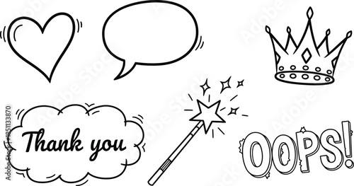 Hand drawn comic speech bubble set with clouds, rectangles, circles, and exclamation shapes for text, doodle dialogue callout collection for cartoon or pop art design