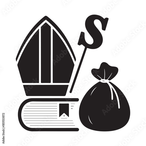 Bishop s mitre dollar sign and money bag a symbolic black and white illustration