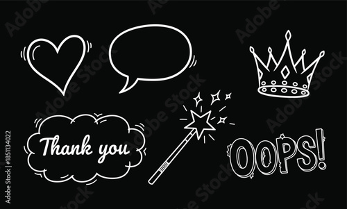 Hand drawn comic speech bubble set with clouds, rectangles, circles, and exclamation shapes for text, doodle dialogue callout collection for cartoon or pop art design