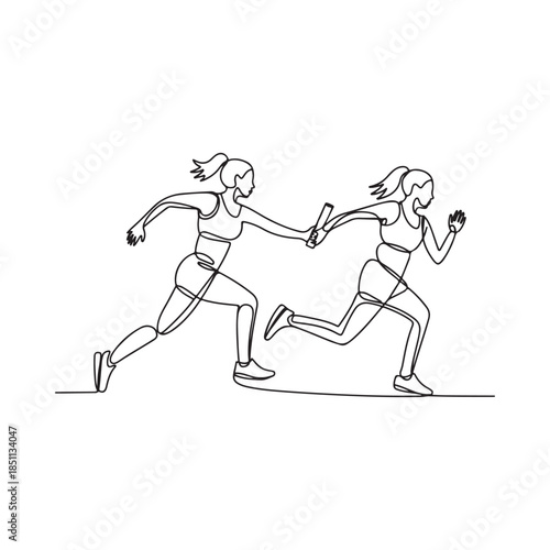 Two women exchanging a baton during a relay race shown as a line art