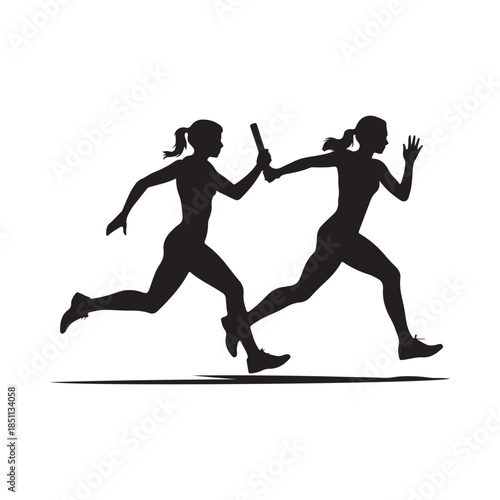 Silhouette of two female runners exchanging a baton during a relay race
