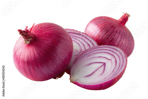 Fresh red onions whole and halved isolated on transparent background. Fresh ripe red onions one whole and one halved isolated on white background.