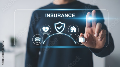 Wallpaper Mural Digital Insurance Interface with Transparent Touchscreen and Coverage Icons, Futuristic Insurance Management Platform Featuring Shield and Policy Icons Torontodigital.ca