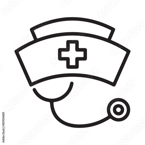 Simple line drawing of a nurse s cap with a stethoscope draped around it