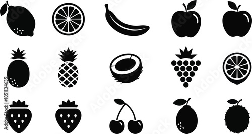 fruit silhouette icons – apple, banana, pear, watermelon, strawberry, grapes