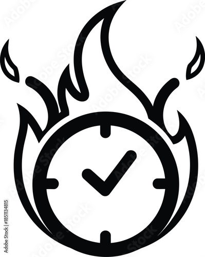 Fiery clock with a checkmark icon: symbolizing urgent task completion and efficiency