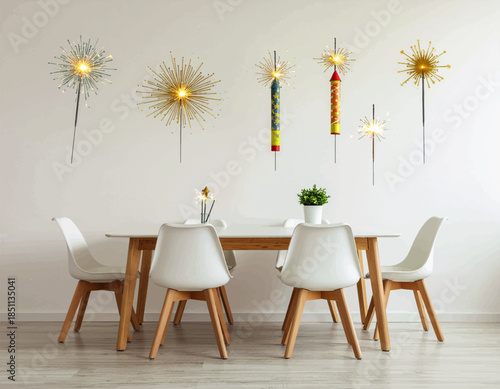 A luxury wooden dining table and chairs with floral decor stand on a wood floor in a stylish cafe interior, featuring an elegant indoor restaurant design with nobody in the room