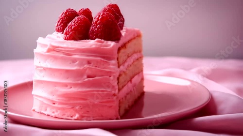 Delicious Pink Raspberry Layer Cake with Fresh Berries on a Plate.