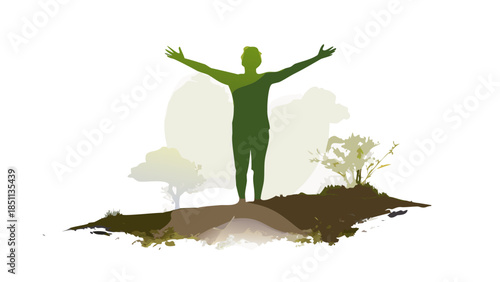 Silhouette of a person standing with arms raised toward nature, holistic healing and wellness connection concept.
