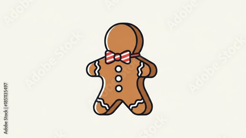 A cute gingerbread man with icing details and a red bow tie on a plain background