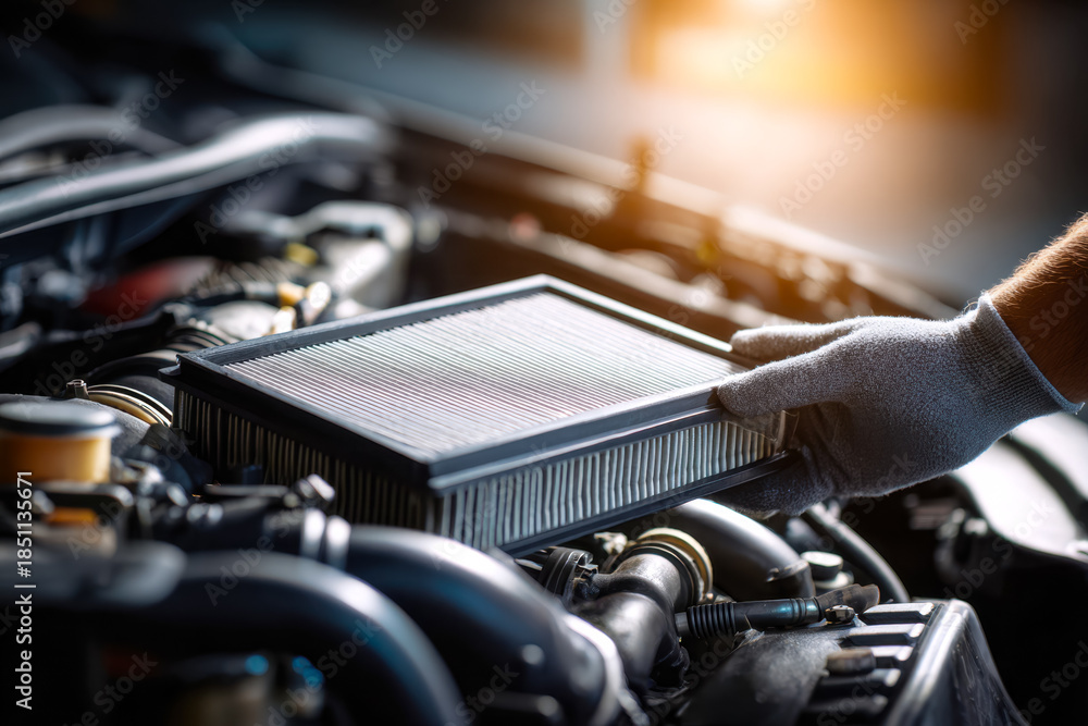 Fototapeta premium Automotive air filter replacement in progress under warm sunlight