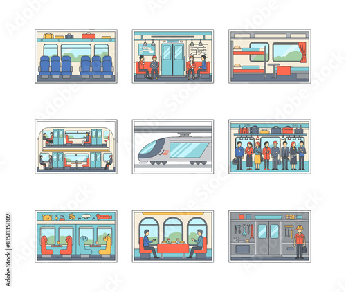 People traveling by train in various interior wagons
