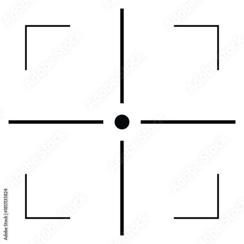 Minimal crosshair focus marker with corner guides, clean center point symbol for camera focus, UI overlays, scanning and positioning systems