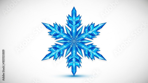 Blue snowflake with intricate details and symmetrical design on a white background with subtle shadow effect