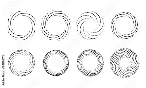 Dotted Spiral Halftone Circle Vector Set with Swirl Pattern and Gradient Effect