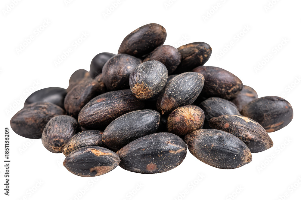 Obraz premium Pile of dried jatropha curcas seeds isolated on transparent background. Pile of freshly harvested dark jatropha curcas seeds isolated on white background.