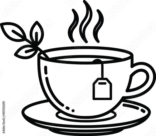 A simple line art illustration of a steaming hot teacup with a tea bag and fresh leaves