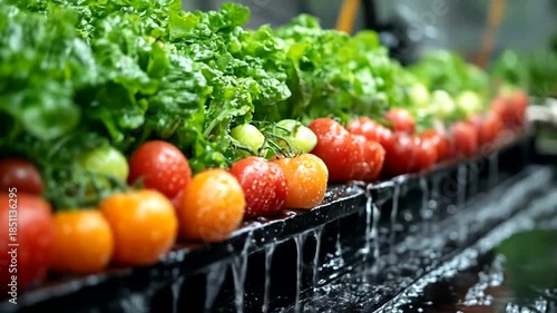 Fresh Tomatoes and Lettuce Being Washed in Industrial Facility.